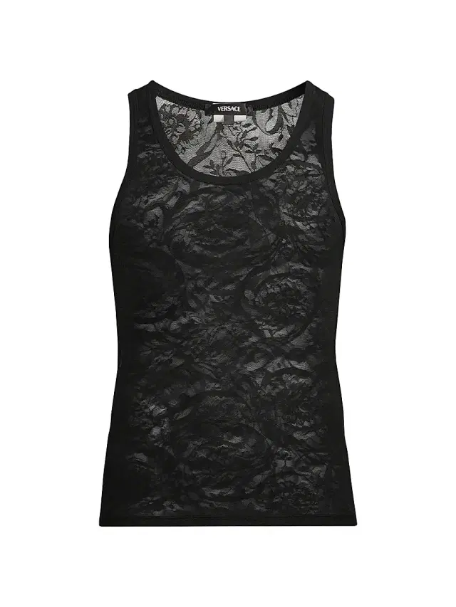 Men's Barocco Sheer Lace Tank - Black