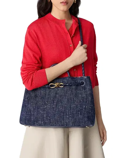 Bottega Veneta Women's Medium Andiamo Denim Tote Bag - Navy White | Thumbnail 2 Bottega Veneta Women's Medium Andiamo Denim Tote Bag - Navy White | Thumbnail 2