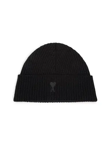 AMI PARIS Men's Logo Rib-Knit Wool Beanie Hat - Black | Thumbnail 1 AMI PARIS Men's Logo Rib-Knit Wool Beanie Hat - Black | Thumbnail 1