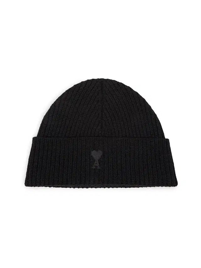 Men's Logo Rib-Knit Wool Beanie Hat - Black