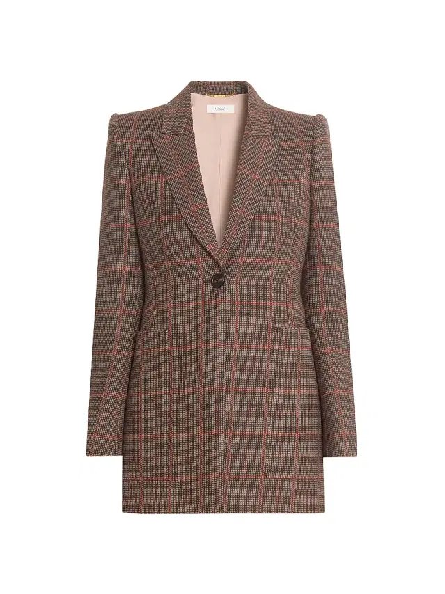 Women's VE53 Glen Check Wool Jacket - Brown Beige