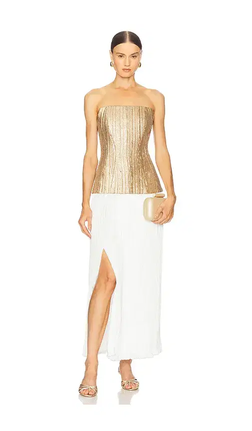 Prabal Gurung Strapless Straight Neck Sequin Dress W/ Plisse Skirt