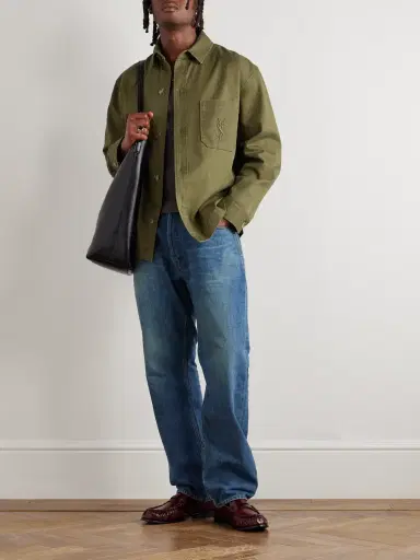 Saint Laurent Logo-Embroidered Cotton and Linen-Blend Gabardine Overshirt - Men | Thumbnail 2 Saint Laurent Logo-Embroidered Cotton and Linen-Blend Gabardine Overshirt - Men | Thumbnail 2