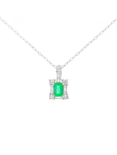 Wish Fine Jewelry 0.86ct Diamond Emerald Platinum Halo Pendant Chain Necklace | Thumbnail 1 Wish Fine Jewelry 0.86ct Diamond Emerald Platinum Halo Pendant Chain Necklace | Thumbnail 1
