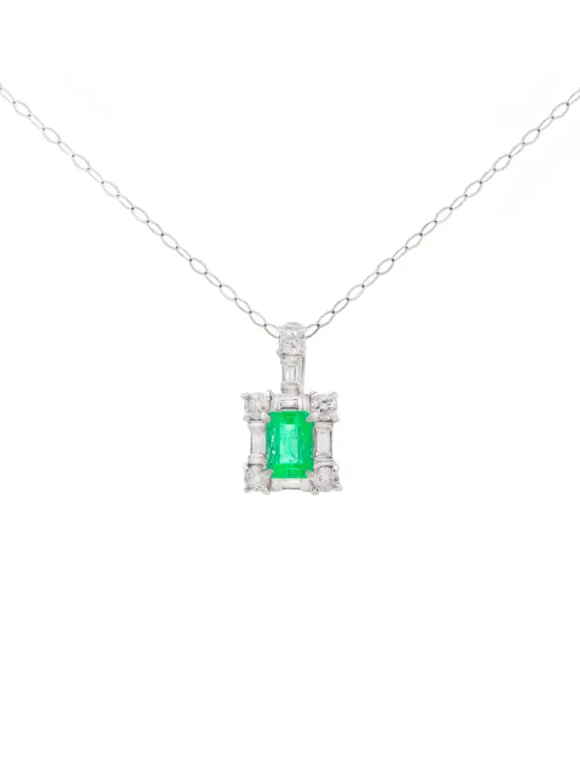 Wish Fine Jewelry 0.86ct Diamond Emerald Platinum Halo Pendant Chain Necklace
