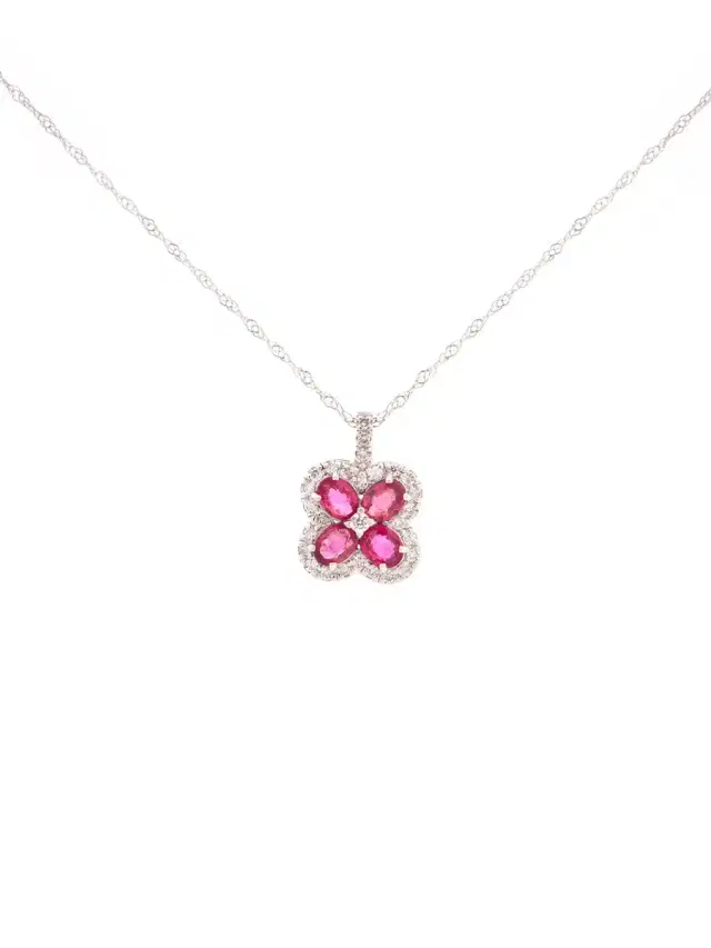 Wish Fine Jewelry 1.03ct Diamond Ruby 18K Gold Flower Pendant Chain Necklace
