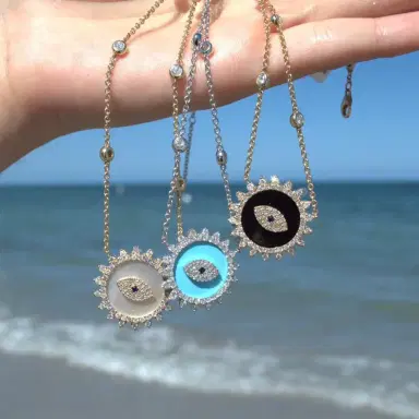 Wish Fine Jewelry 1.80ct Diamond Mother Of Pearl 14K Gold Evil Eye Pendant Chain Necklace | Thumbnail 2