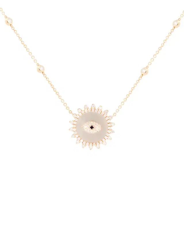 Wish Fine Jewelry 1.80ct Diamond Mother Of Pearl 14K Gold Evil Eye Pendant Chain Necklace