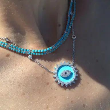 Wish Fine Jewelry 1.80ct Diamond Turquoise 14K Gold Evil Eye Pendant Chain Necklace | Thumbnail 2