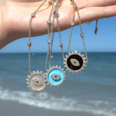 Wish Fine Jewelry 1.80ct Diamond Turquoise 14K Gold Evil Eye Pendant Chain Necklace | Thumbnail 3