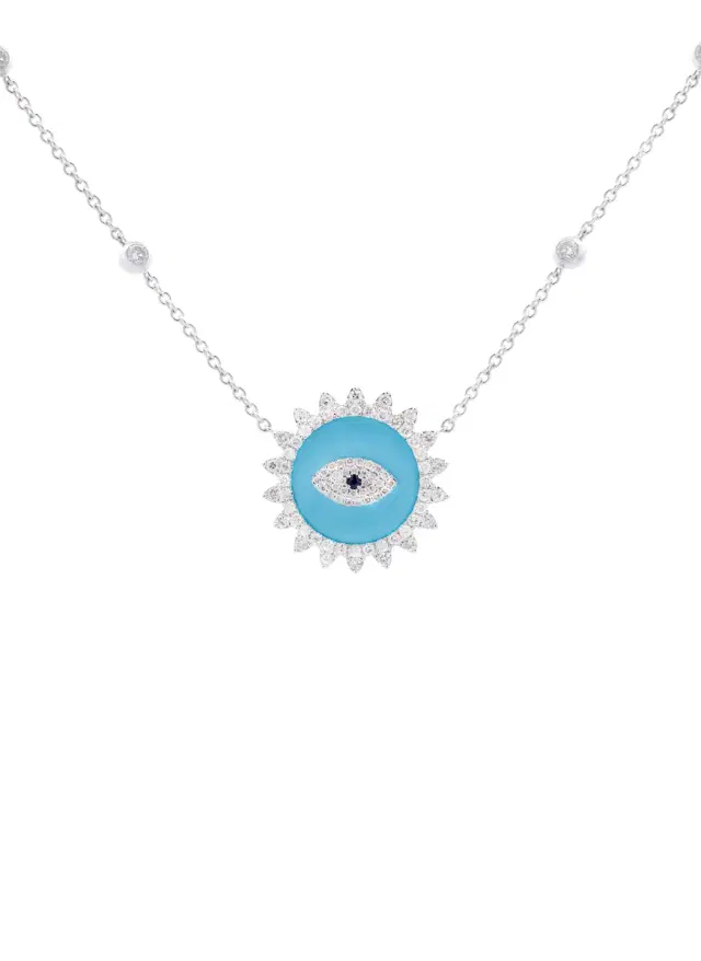 Wish Fine Jewelry 1.80ct Diamond Turquoise 14K Gold Evil Eye Pendant Chain Necklace