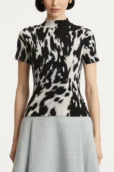 Oscar de la Renta Cow Print Classic Mockneck Short Sleeve Tee | Thumbnail 3 Oscar de la Renta Cow Print Classic Mockneck Short Sleeve Tee | Thumbnail 3