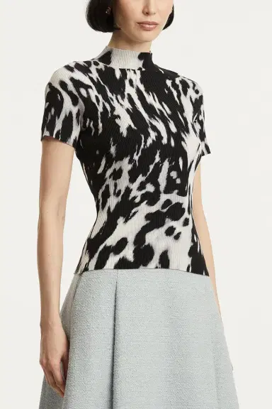 Oscar de la Renta Cow Print Classic Mockneck Short Sleeve Tee | Thumbnail 4 Oscar de la Renta Cow Print Classic Mockneck Short Sleeve Tee | Thumbnail 4