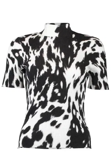 Oscar de la Renta Cow Print Classic Mockneck Short Sleeve Tee | Thumbnail 1 Oscar de la Renta Cow Print Classic Mockneck Short Sleeve Tee | Thumbnail 1