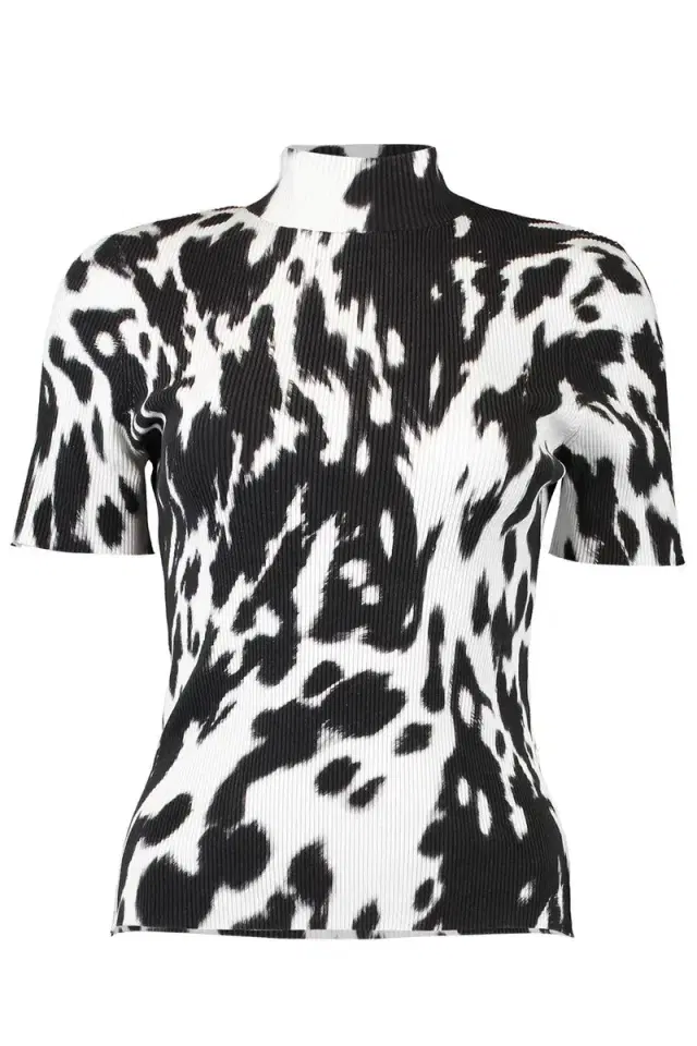 Oscar de la Renta Cow Print Classic Mockneck Short Sleeve Tee