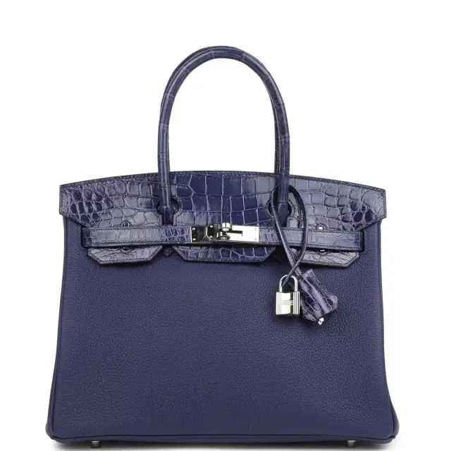 hermes Pre-owned Hermes Birkin 30 Bleu Encre Touch Togo and Shiny Niloticus Crocodile Palladium Hardware