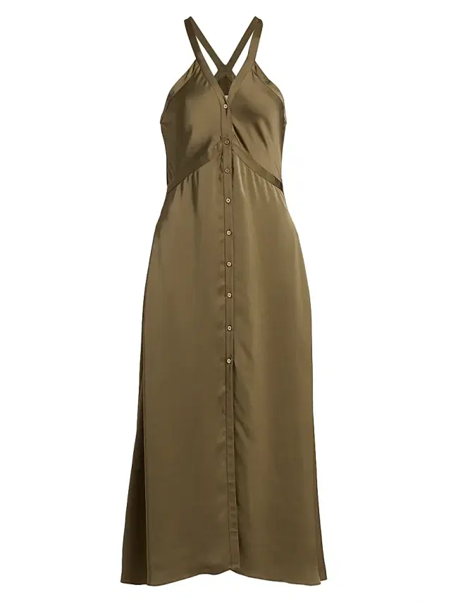 Women's Cynthia Button-Front Satin Midi-Dress - Olive Green