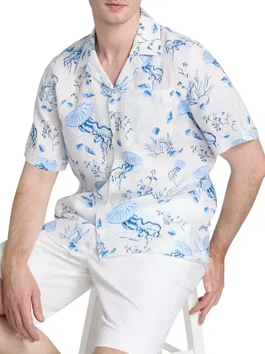 Vilebrequin Men's Medusa & Shells Linen Camp Shirt - Blanc - Size XL | Thumbnail 6 Vilebrequin Men's Medusa & Shells Linen Camp Shirt - Blanc - Size XL | Thumbnail 6