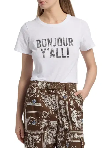 Cinq à Sept Women's Heatset Bonjour Y'all Graphic Cotton T-Shirt - White Black - Size XL | Thumbnail 3