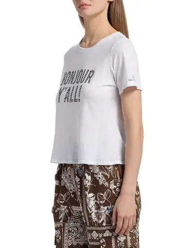 Cinq à Sept Women's Heatset Bonjour Y'all Graphic Cotton T-Shirt - White Black - Size XL | Thumbnail 4