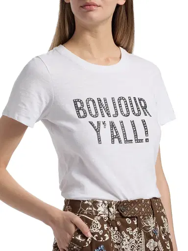 Cinq à Sept Women's Heatset Bonjour Y'all Graphic Cotton T-Shirt - White Black - Size XL | Thumbnail 6