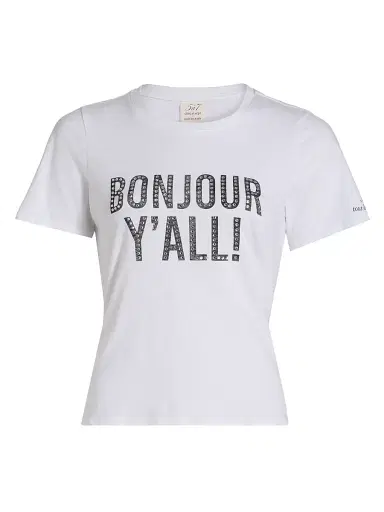Cinq à Sept Women's Heatset Bonjour Y'all Graphic Cotton T-Shirt - White Black - Size XL | Thumbnail 1