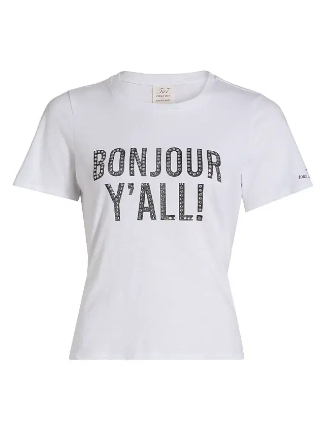 Cinq à Sept Women's Heatset Bonjour Y'all Graphic Cotton T-Shirt - White Black