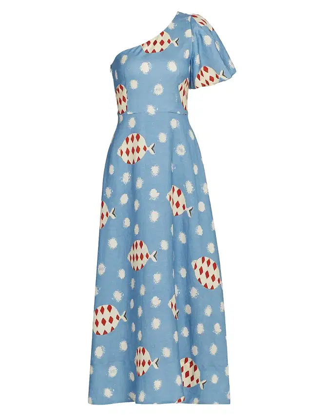 Hunter Bell Women's Carmen One-Shoulder Linen-Blend Maxi Dress - Rising Tide