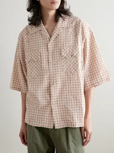 KAPITAL Camp-Collar Logo-Appliquéd Checked Cotton and Linen-Blend Seersucker Western Shirt - Men | Thumbnail 3 KAPITAL Camp-Collar Logo-Appliquéd Checked Cotton and Linen-Blend Seersucker Western Shirt - Men | Thumbnail 3