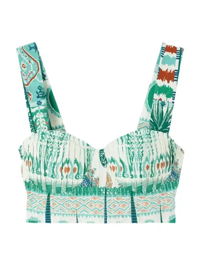 Dalia Cropped Shirred Printed Cotton Bustier Top