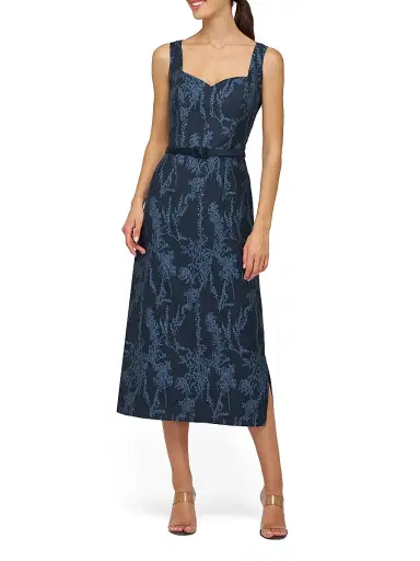 Kay Unger Women's Drew Jacquard Belted Sheath Midi-Dress - Dark Midnight Stone Blue | Thumbnail 4