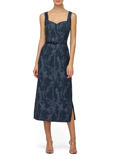 Kay Unger Women's Drew Jacquard Belted Sheath Midi-Dress - Dark Midnight Stone Blue | Thumbnail 1