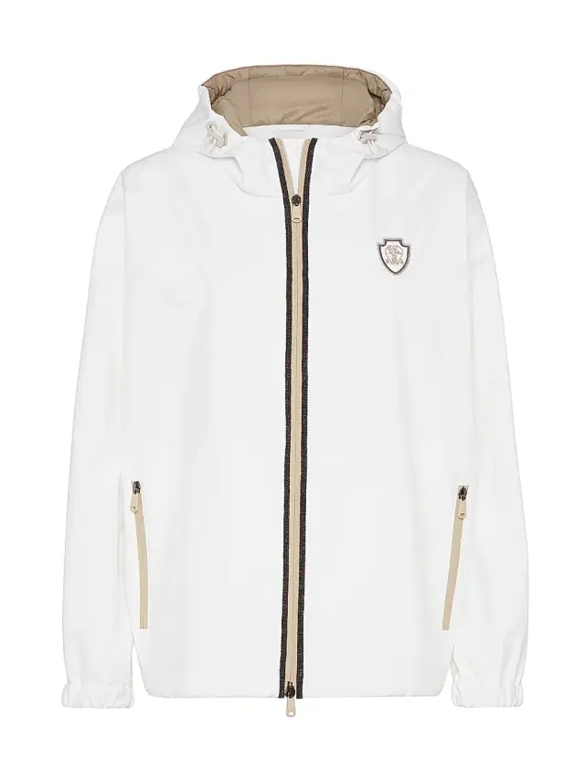 Women's Nylon Hooded Outerwear Jacket with Logo and Precious Trims - Beige
