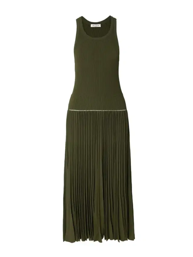 Pleated Pointelle-trimmed Ribbed-knit Midi Dress