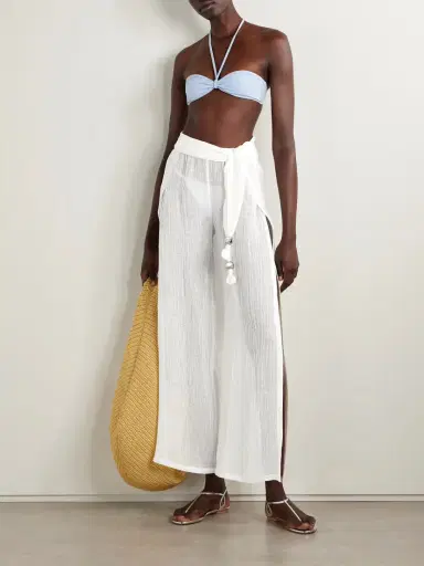 Lisa Marie Fernandez Embellished Belted Crinkled Linen-blend Gauze Wide-leg Pants | Thumbnail 2
