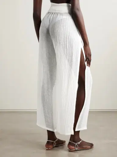 Lisa Marie Fernandez Embellished Belted Crinkled Linen-blend Gauze Wide-leg Pants | Thumbnail 3