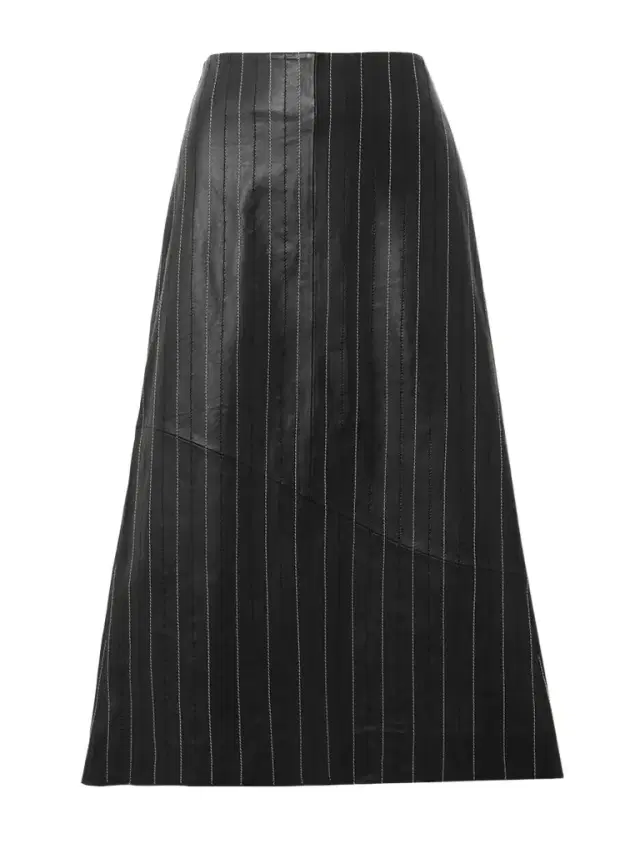 Paneled Embroidered Pinstriped Leather Midi Skirt