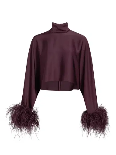 Lapointe Women's Feather Trim Satin Long-Sleeve Crop Top | Thumbnail 1 Lapointe Women's Feather Trim Satin Long-Sleeve Crop Top | Thumbnail 1