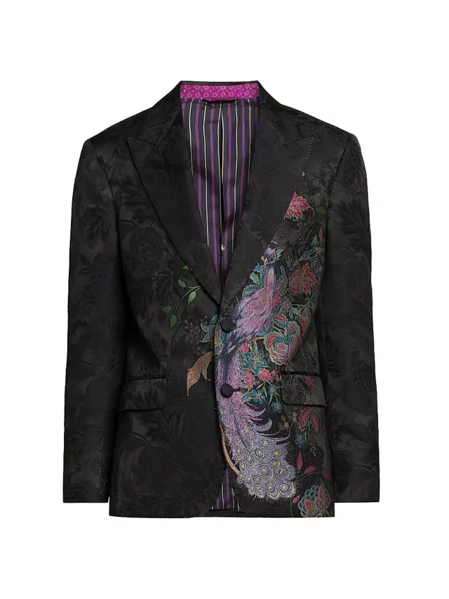 Etro Men's Peacock Wool Blend Blazer - Multicolor Black Base