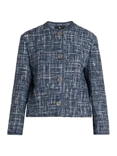 Etro Women's Tweed Round Neck Jacket - Multicolor Blue Base - Size 10 | Thumbnail 1