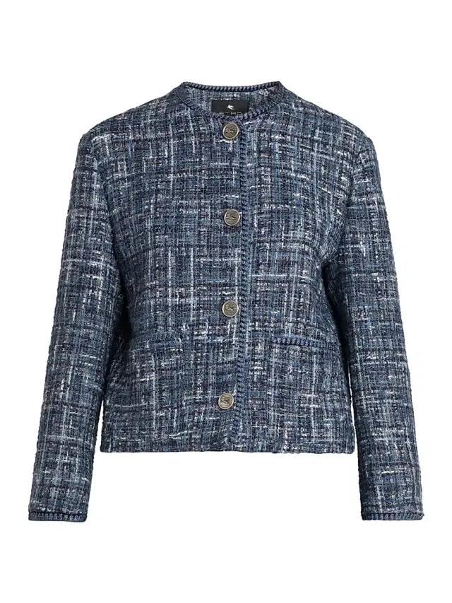Etro Women's Tweed Round Neck Jacket - Multicolor Blue Base