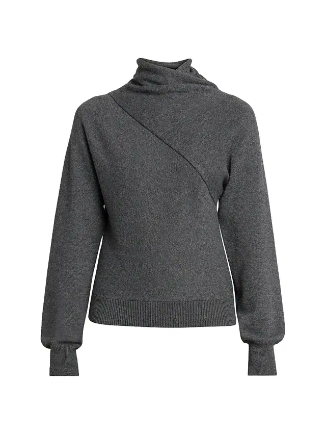 TOM FORD Women's Wrap Collar Cashmere-Cotton Turtleneck - Dark Grey Melange