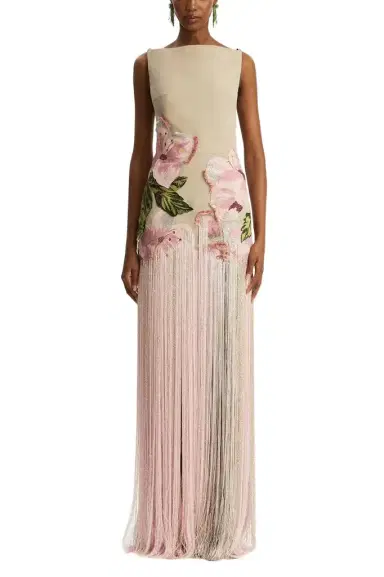 Oscar de la Renta Sleeveless Embroidered Fringe Gown | Thumbnail 1 Oscar de la Renta Sleeveless Embroidered Fringe Gown | Thumbnail 1