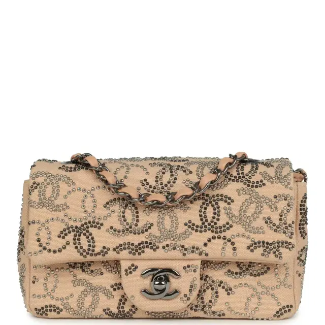 Chanel Pre-owned Chanel Mini CC Studded Rectangular Flap Bag Light Pink Canvas Ruthenium Hardware