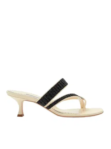 Manolo Blahnik Susa 50 Raffia-trimmed Leather Mules | Thumbnail 1 Manolo Blahnik Susa 50 Raffia-trimmed Leather Mules | Thumbnail 1
