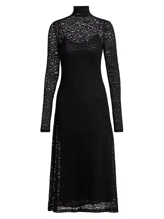 Ulla Johnson Women's Talia Leopard Lace Turtleneck Midi Dress - Noir
