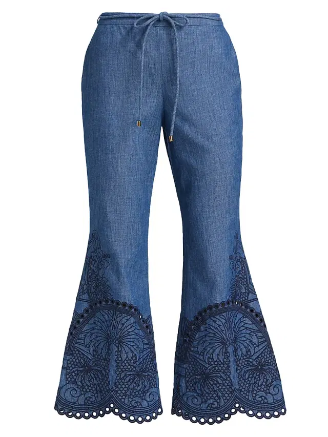 Zimmermann Women's Coco Embroidered Cotton Flared Pants - Railway Blue