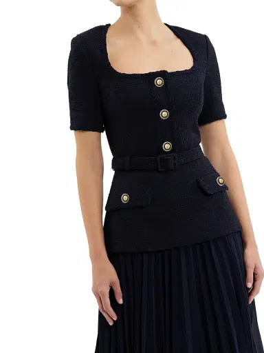 Rebecca Vallance Women's Jonie Belted Mixed-Media Midi-Dress - Navy | Thumbnail 4
