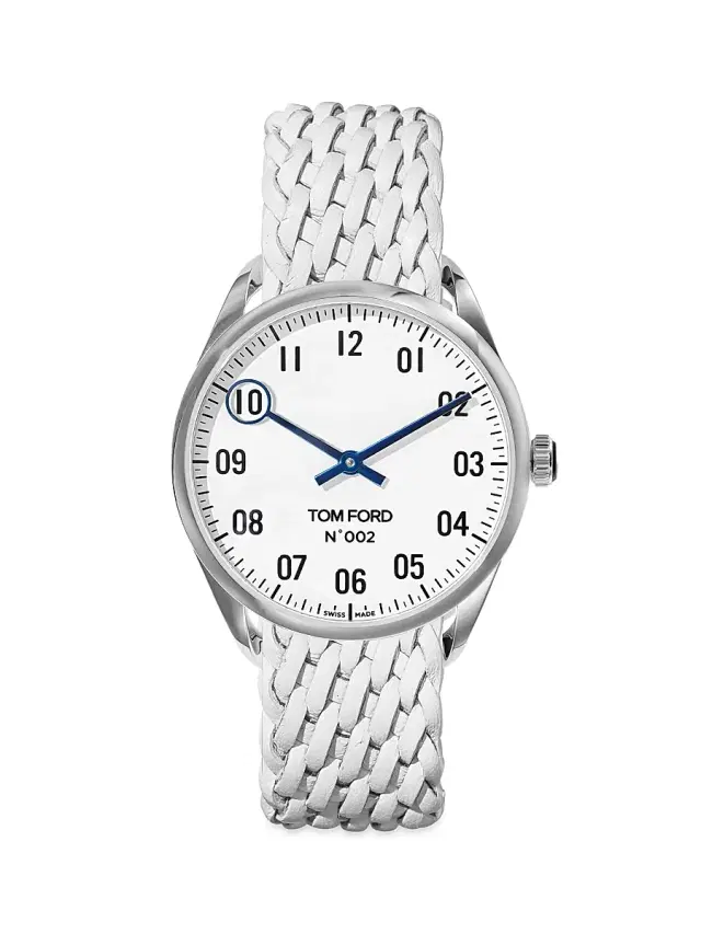 Men's 002 Stainless Steel & Leather Strap Watch - White