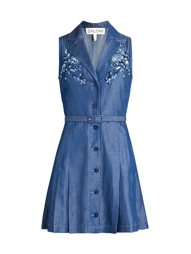 Saloni Women's Livi Embroidery Denim Mini Shirtdress - Mid Wash Datura